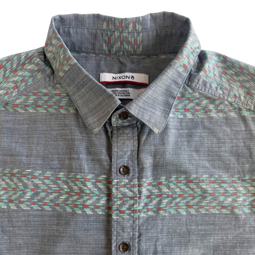 Nixon Mens Grey Geometric Stripe Short Sleeve Button Down‎ Shirt Size M